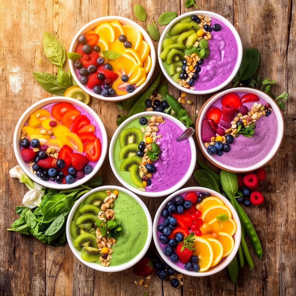 Gezonde voeding en smoothie op een houten tafel